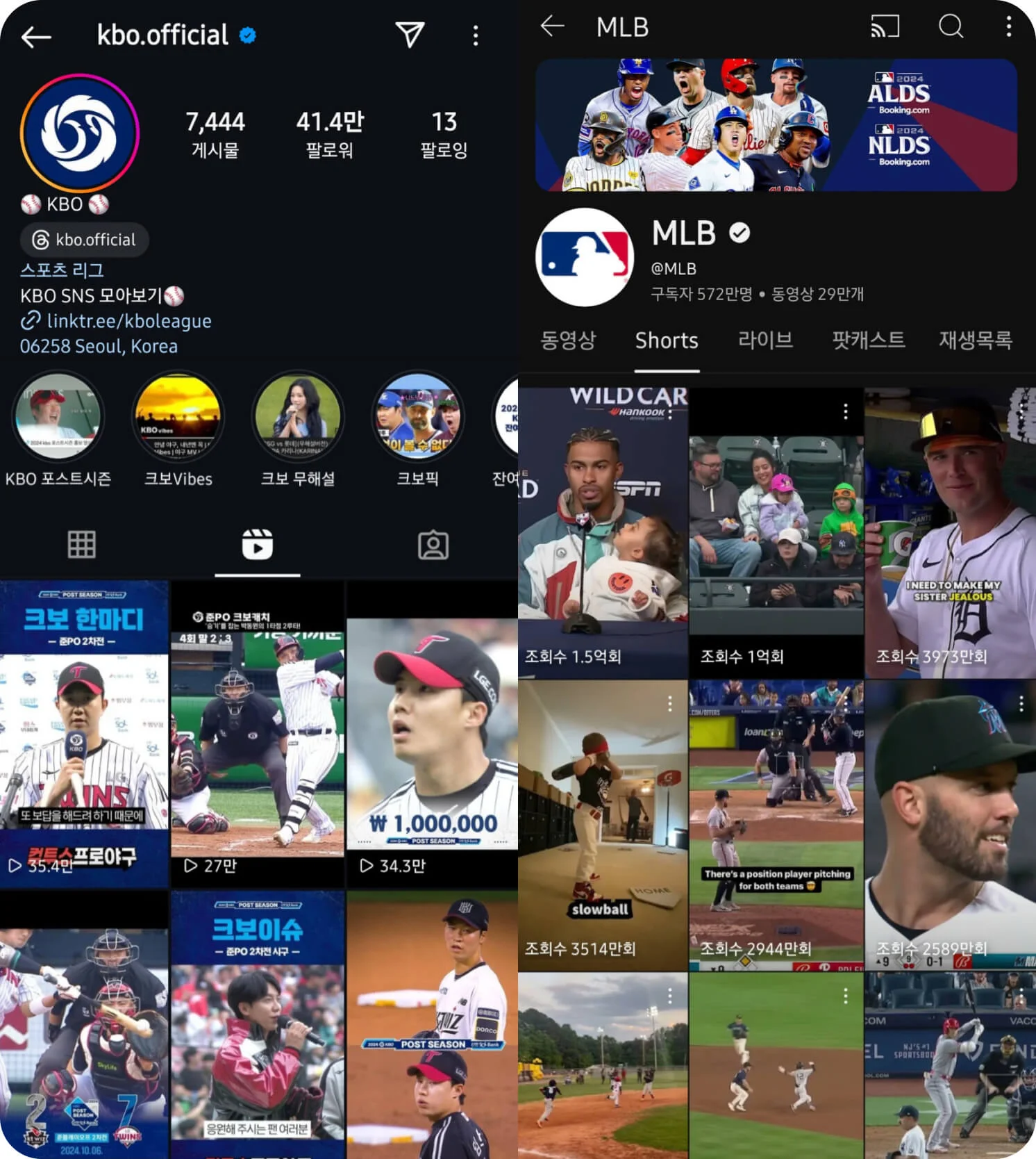 kbo 공식 인스타그램 릴스ㅣMLB 공식 인스타그램 릴스 참고 이미지