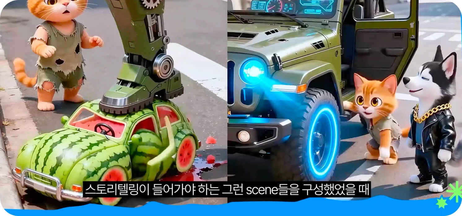 AI 영상으로 제작된 숏폼 스토리텔링 scene 구성 예시 (크몽 브랜드 영상 일급비밀 숏폼 편 스크린샷)