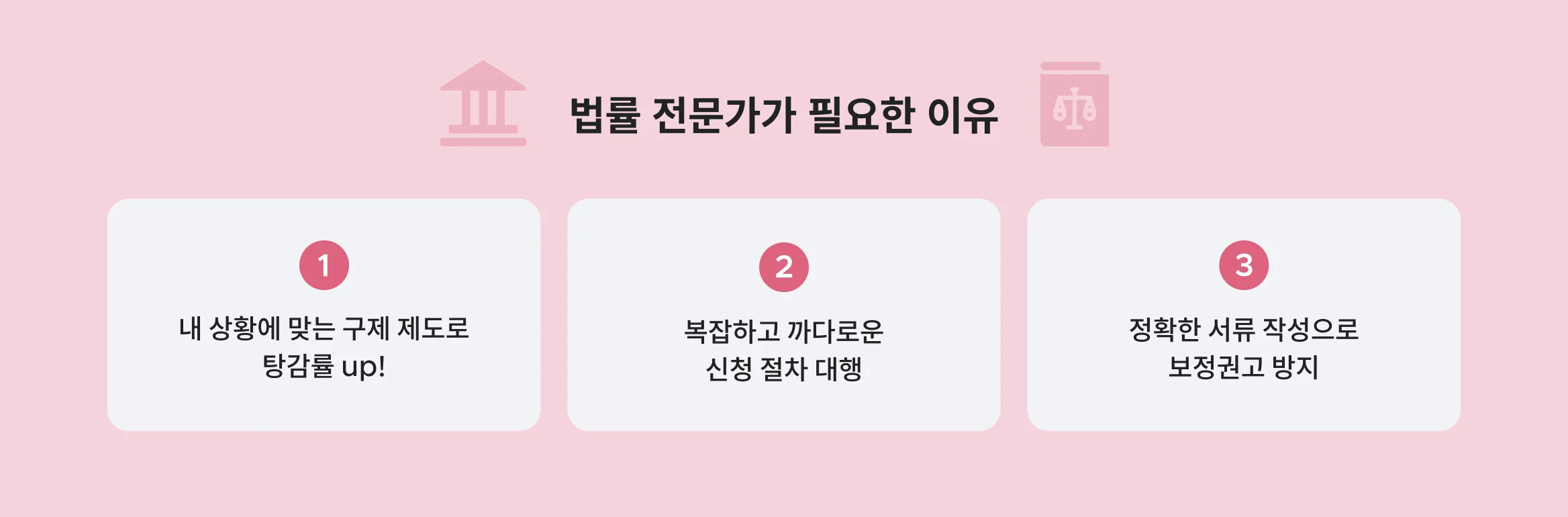 법률 전문가가 필요한 이유, 내 상황에 맞는 구제 제도로 탕감률 up!, 복잡하고 까다로운 신청 절차 대행, 정확한 서류 작성으로 보정권고 방지