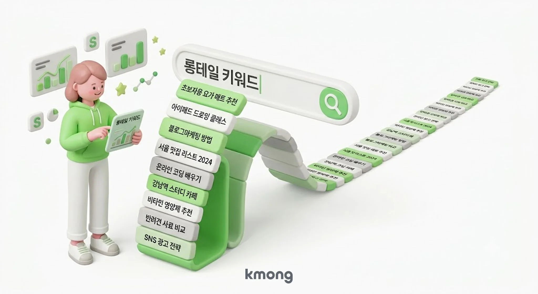애드센스 고단가 키워드 찾는 법 — 경쟁이 낮은 롱테일 키워드로 좁혀가는 과정을 표현한 이미지