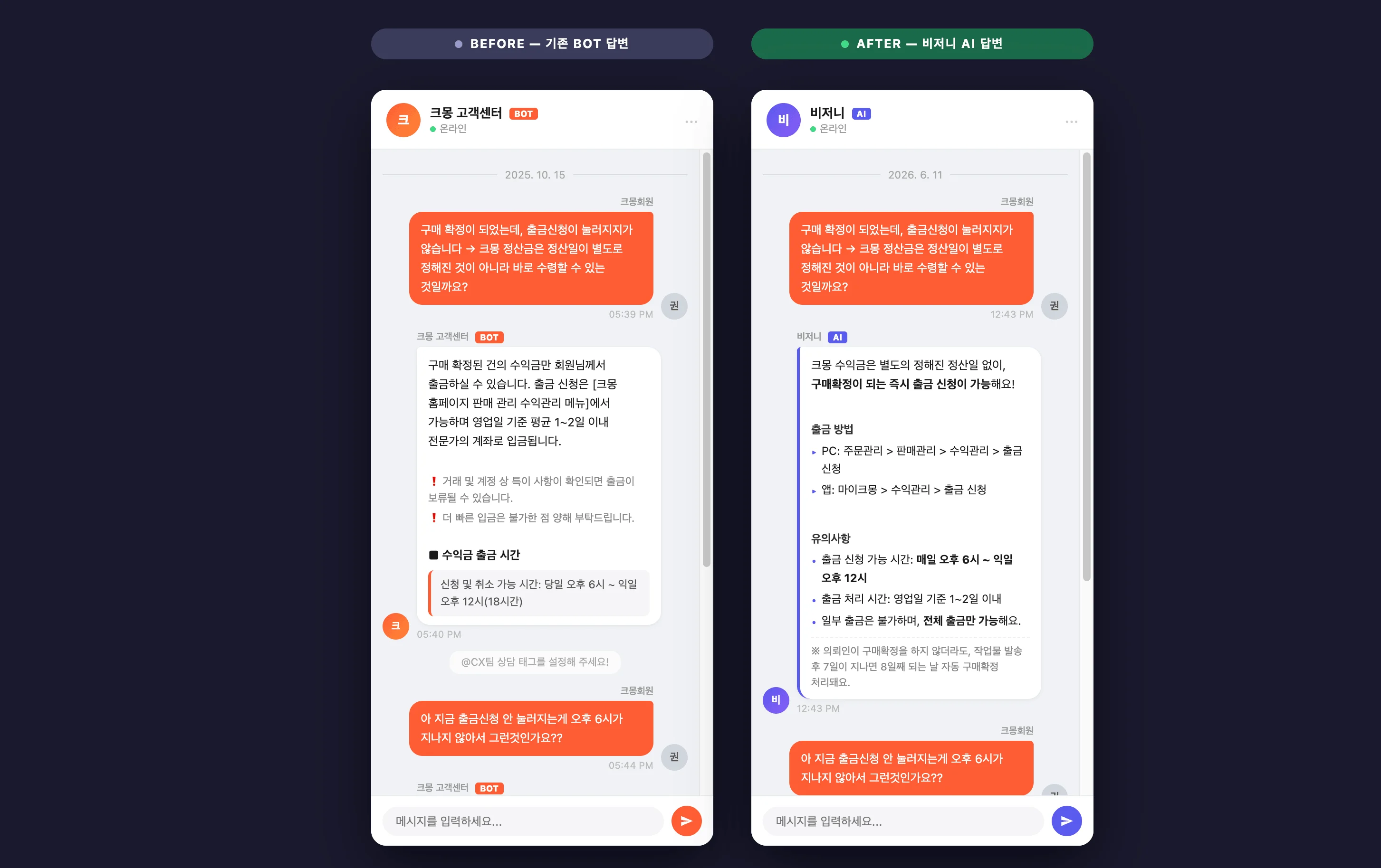챗봇에 비해 응답력이 좋아진 비저니 AI를 보여주는 비포애프터 이미지. 학습이 잘 된 AI 고객 답변의 좋은 사례 이미지