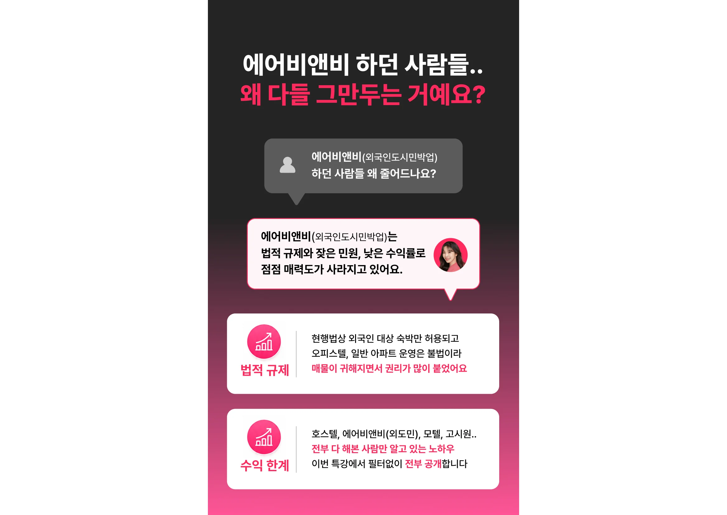 에어비앤비 창업 및 공간임대 부업 실패 원인 분석 이미지, "에어비앤비 하던 사람들이 그만두는 이유"와 합법적 공간 대여, 게스트하우스 호스텔 창업 수익 설계 노하우 무료 특강 안내