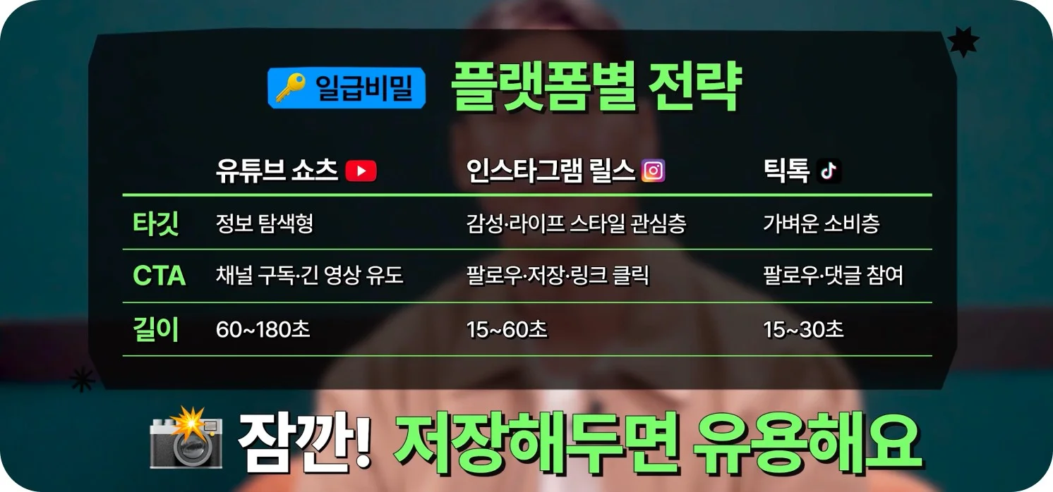 숏폼 플랫폼별 전략 비교표 — 유튜브 쇼츠·인스타그램 릴스·틱톡의 타깃·CTA·영상 길이 차이 (크몽 브랜드 영상 일급비밀 숏폼 편 스크린샷)