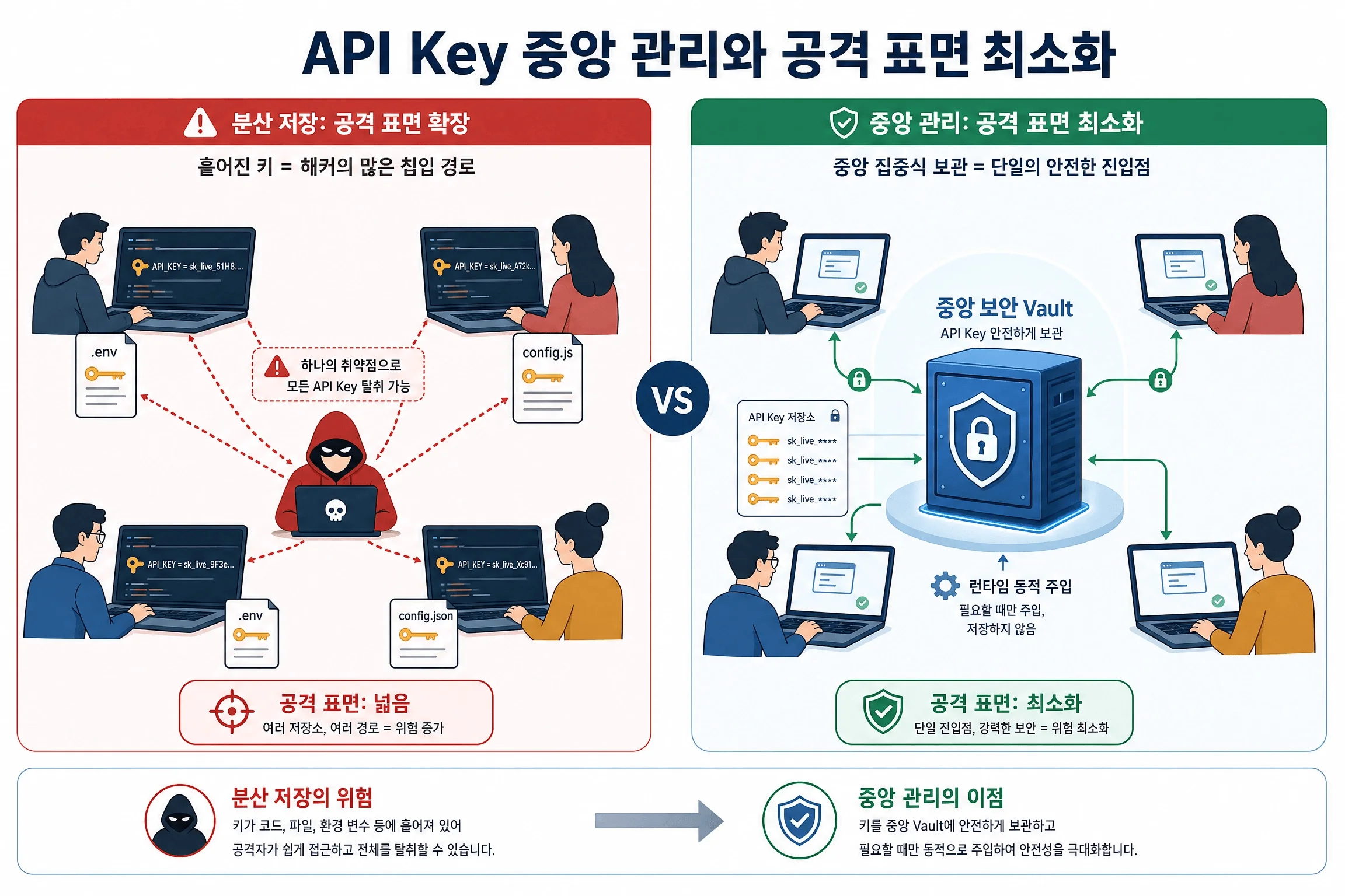 "API Key 중앙 관리와 공격 표면 최소화 비교 인포그래픽. 왼쪽은 빨간색 배경의 '분산 저장: 공격 표면 확장' 영역으로, 4명의 직원이 각자의 노트북에 API_KEY = sk_live_51H8..., sk_live_A72k... 등 평문 API Key를 .env, config.js, config.json 파일에 저장하고 있으며, 중앙의 후드를 쓴 해커가 빨간 점선으로 모든 노트북에 연결되어 '하나의 취약점으로 모든 API Key 탈취 가능'이라는 경고가 표시된다. 하단에 '공격 표면: 넓음 — 여러 저장소, 여러 경로 = 위험 증가'라고 명시되어 있다. 오른쪽은 초록색 배경의 '중앙 관리: 공격 표면 최소화' 영역으로, 자물쇠와 방패가 장착된 파란색 중앙 보안 Vault 서버가 있고, API Key 저장소에 sk_live_**** 형태로 암호화 보관되며, 직원들의 노트북에는 키가 저장되지 않고 런타임에 동적으로 주입되는 화살표 흐름이 표시된다. 하단에 '공격 표면: 최소화 — 단일 진입점, 강력한 보안 = 위험 최소화'라고 명시되어 있다. 최하단에는 '분산 저장의 위험'에서 '중앙 관리의 이점'으로 전환을 안내하는 요약 박스가 있다. 파란색·흰색 기반 플랫 벡터 스타일이며, 위험은 빨간색, 안전은 초록색으로 구분된다."