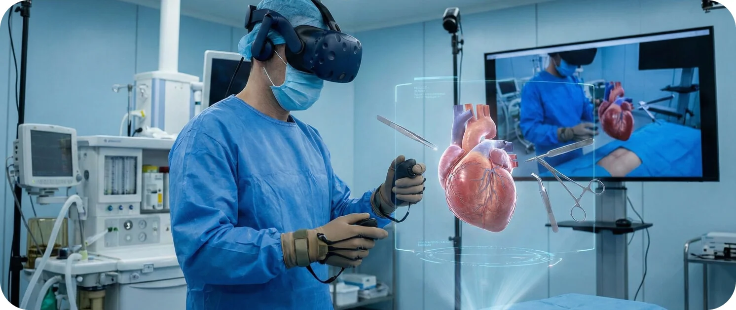 VR 시뮬레이션으로 심장 수술을 연습해보고 있는 의사 이미지