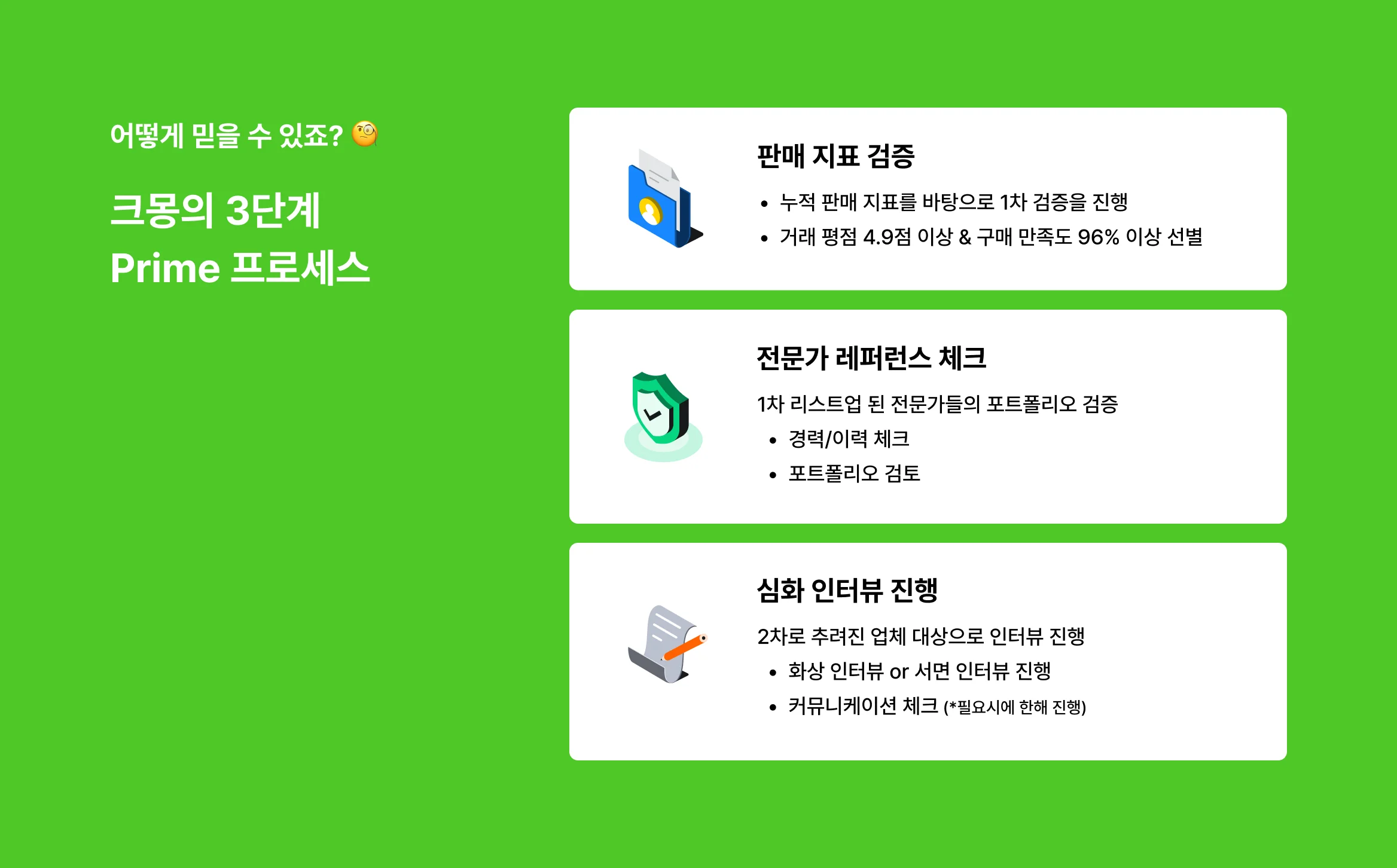 크몽의 3단계 검증 프로세스, 판매 데이터 분석하고, 레퍼런스 체크하고, 심층 인터뷰까지해서 최종 완성해요