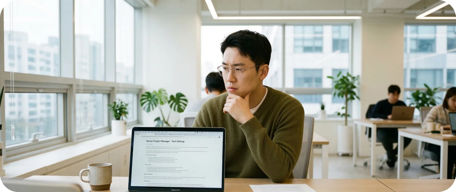 채용과 외주 중 어떤 것이 좋을지를 고민하는 한국 스타트업 대표의 이미지