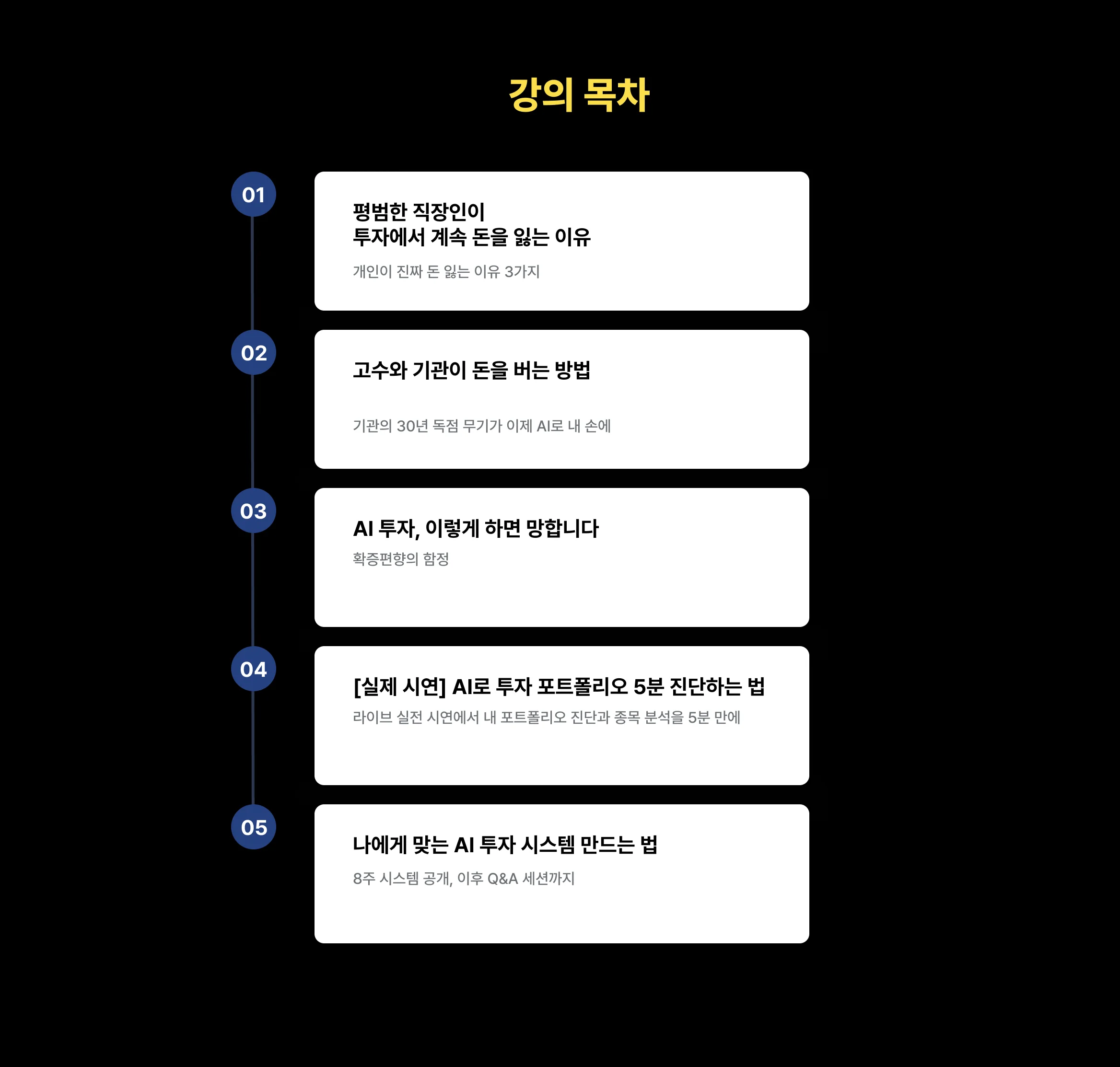 EASYGPT 강의 목차 안내: 챗GPT 기초 개념부터 자동화, 데이터 분석 및 실전 투자 적용까지 총 5단계로 구성된 커리큘럼 상세 배너 이미지