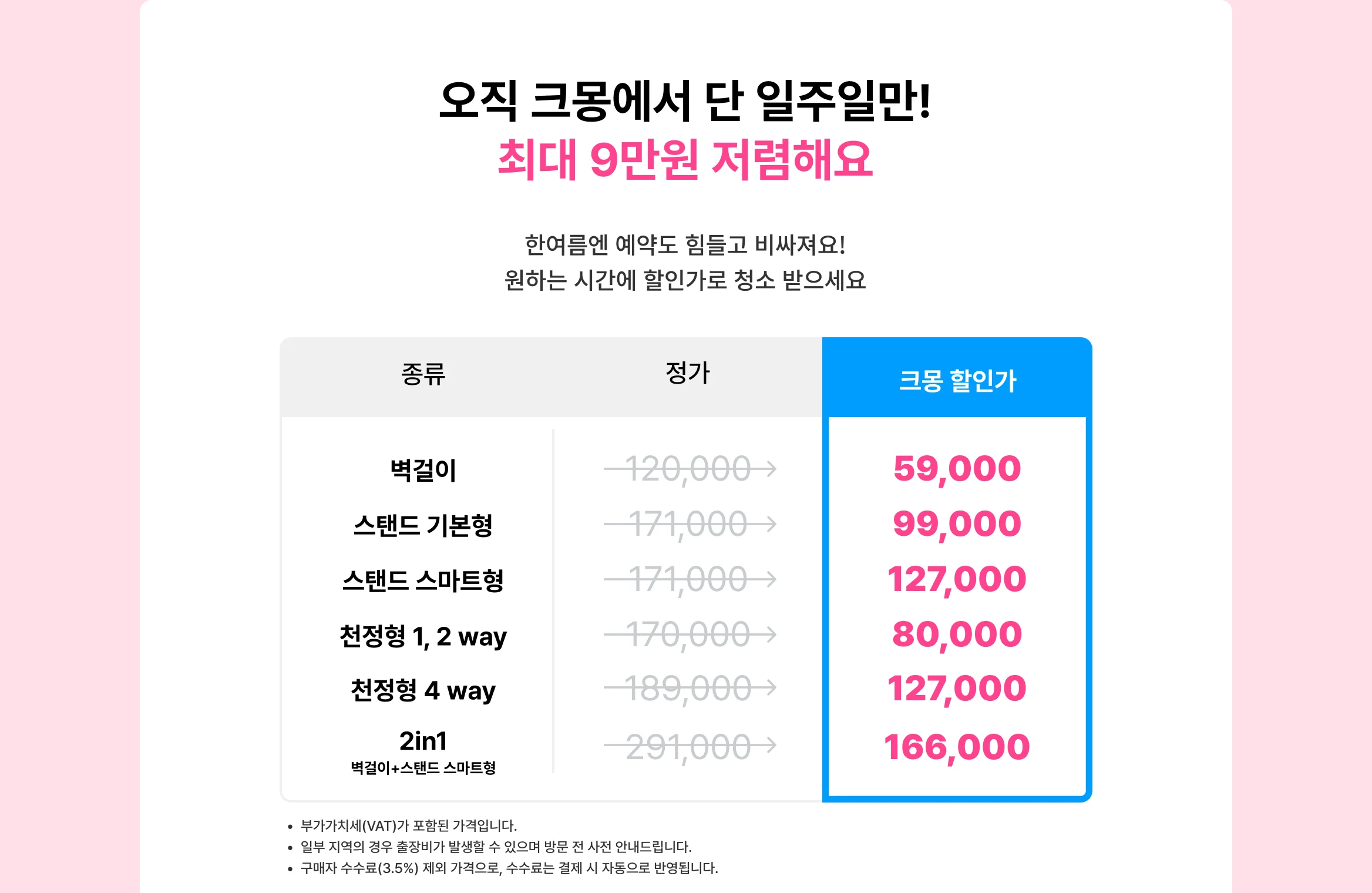 크몽 에어컨 청소 가격 비교 - 정가 대비 최대 9만원 할인 적용된 가격표