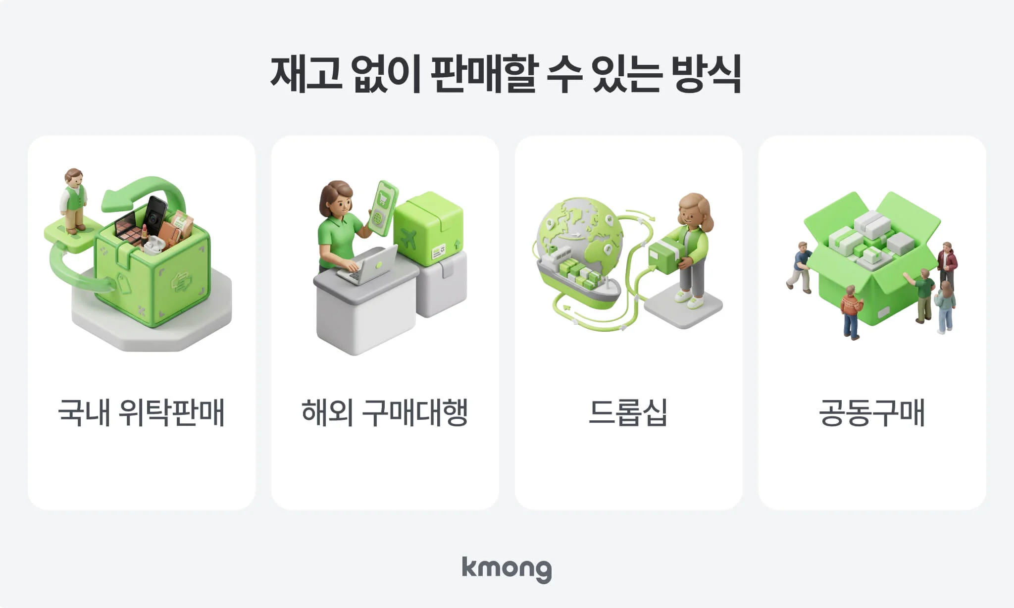 재고 없이 판매할 수 있는 국내 위탁판매, 해외 구매대행, 드롭십, 공동구매 4가지 방식 비교 일러스트