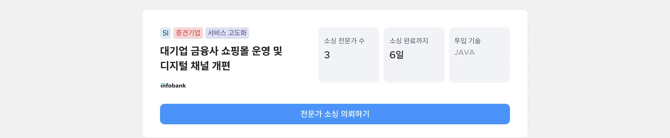 SI 중견기업 서비스 고도화 대기업 금융사 쇼핑몰 운영 및 디지털 채널 개편 인포뱅크 java