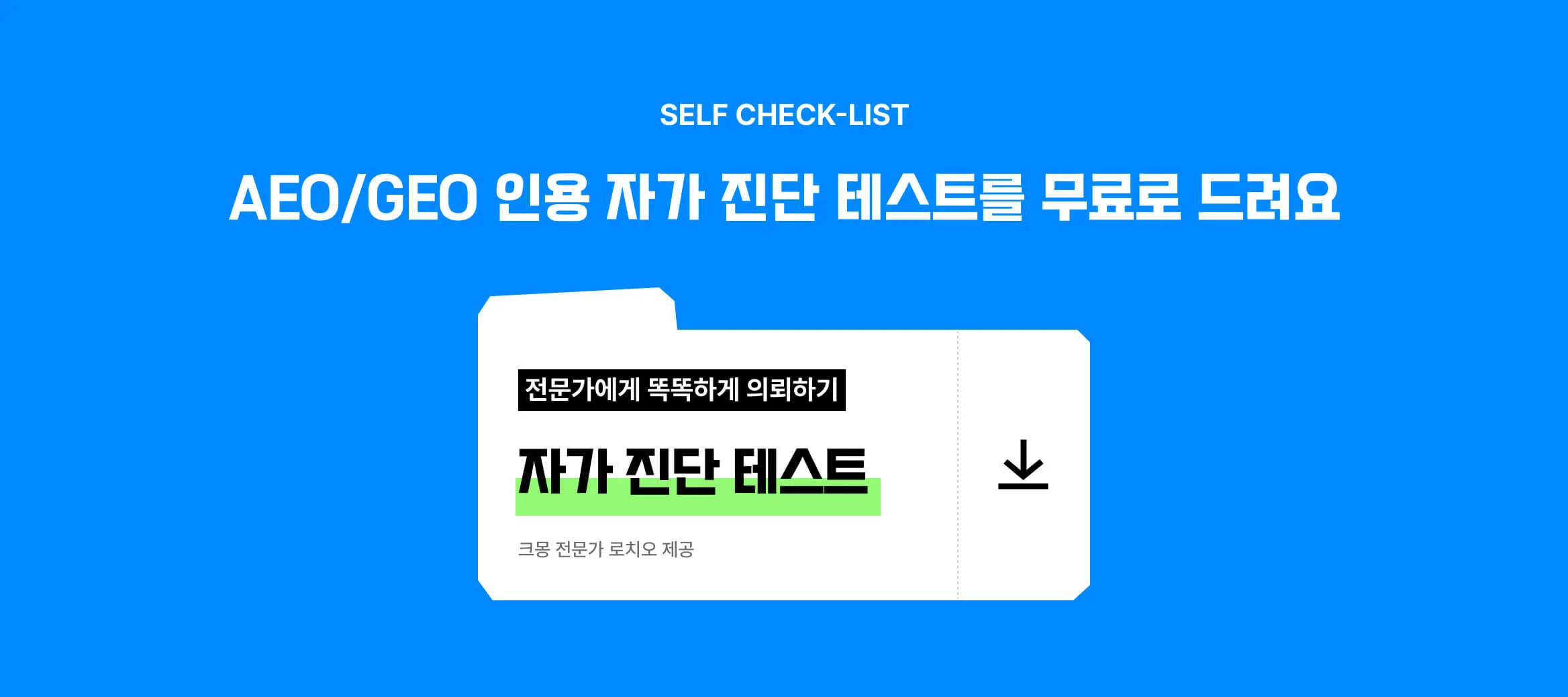 로치오 전문가가 제공한 <AEO/GEO 인용 자가 진단 테스트>를 다운 받을 수 있는 버튼 이미지