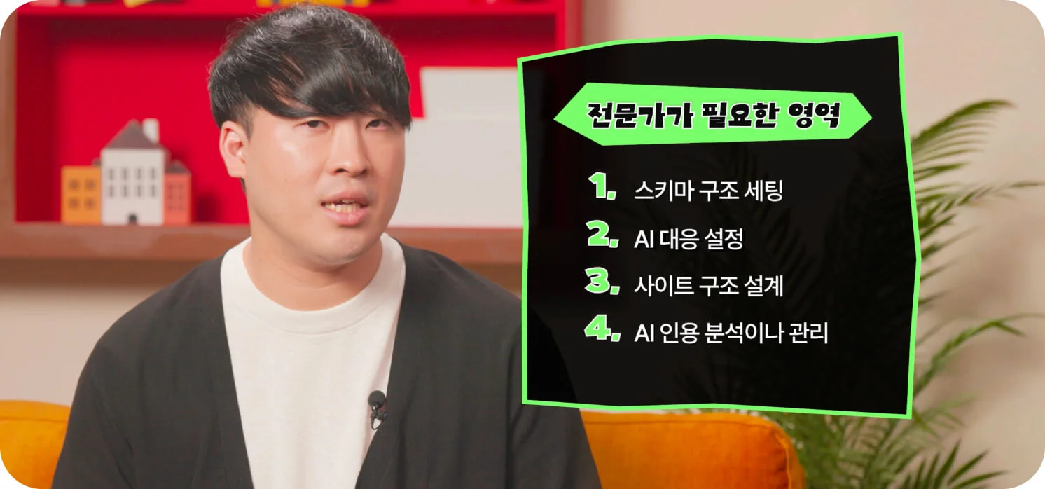 GEO에서 전문가가 필요한 영역 네 가지(스키마 구조 세팅, AI 대응 설정, 사이트 구조 설계, AI 인용 분석·관리)를 설명하는 인터뷰 장면 (크몽 일급비밀 GEO편 영상 스크린샷)