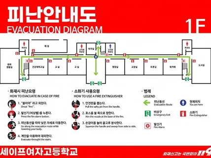 소방법에 맞고 직관적인 피난안내도 작성합니다.