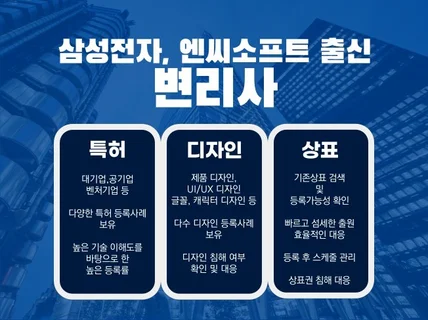 상표, 디자인, 특허를 삼성출신 변리사와 상담하세요.