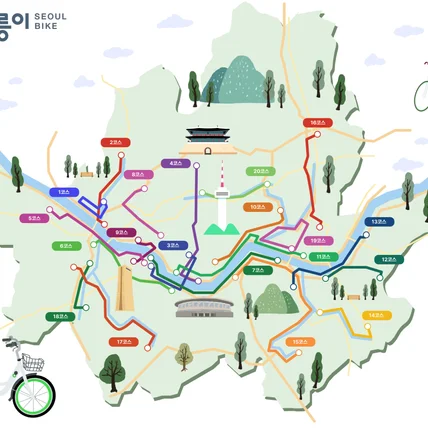 포트폴리오-서울시 따릉이 코스 안내도 일러스트  작업