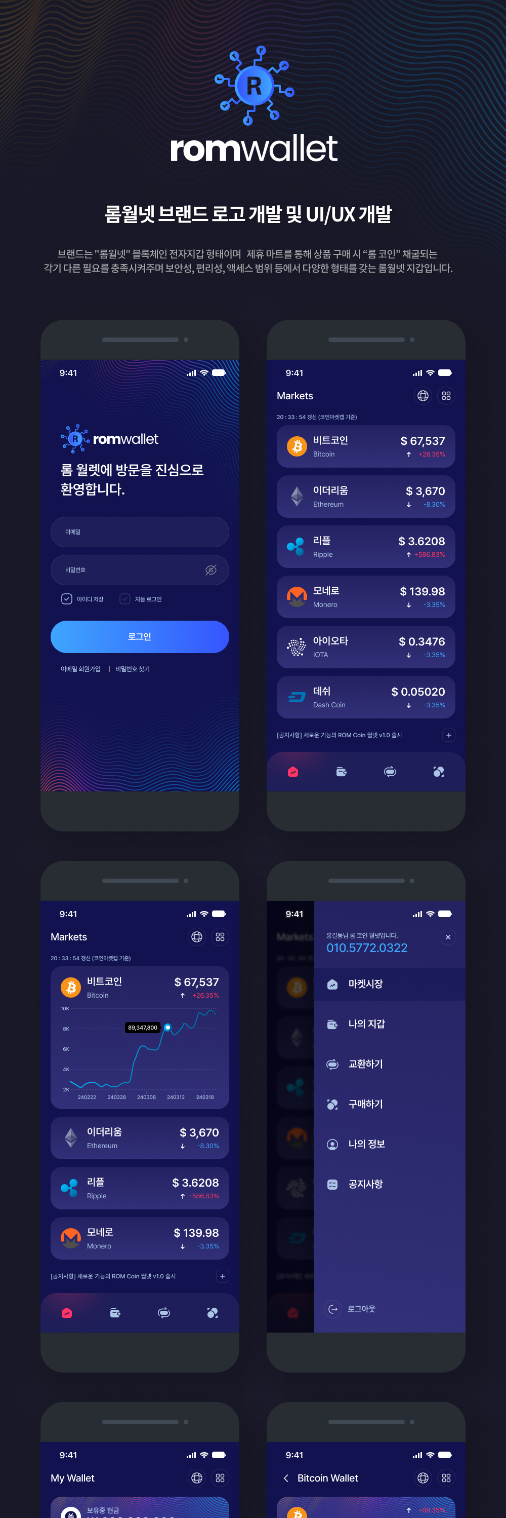 ROMWallet 블록체인 UI/UX 디자인 개발, 앱·모바일 UI·UX 포트폴리오 - 크몽