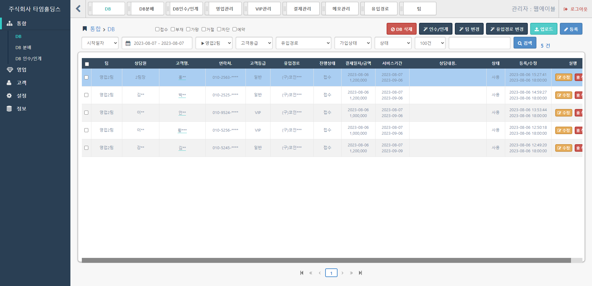 타임홀딩스 DB/상담원 관리자 프로그램, 홈페이지 신규 제작 포트폴리오 - 크몽